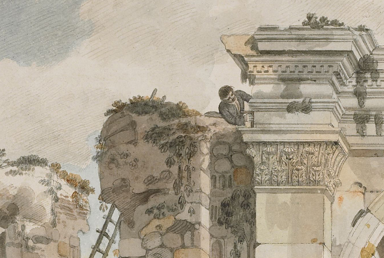 A watercolour of a man high up measuring a ruin